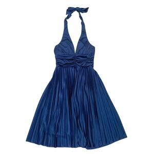 Elegant Navy Blue Halter Dress Sleeveless Satin Pleated Short Cocktail Small